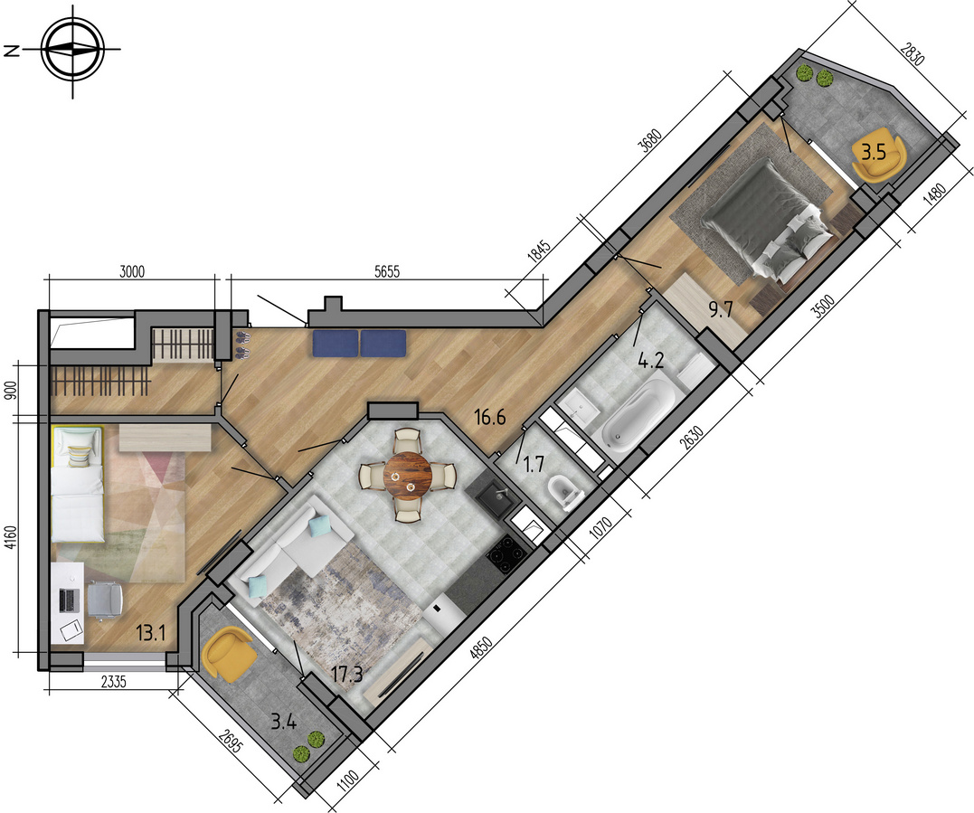 Планировка 2-комнатная квартиры 66 м², ЖК «Боровое»