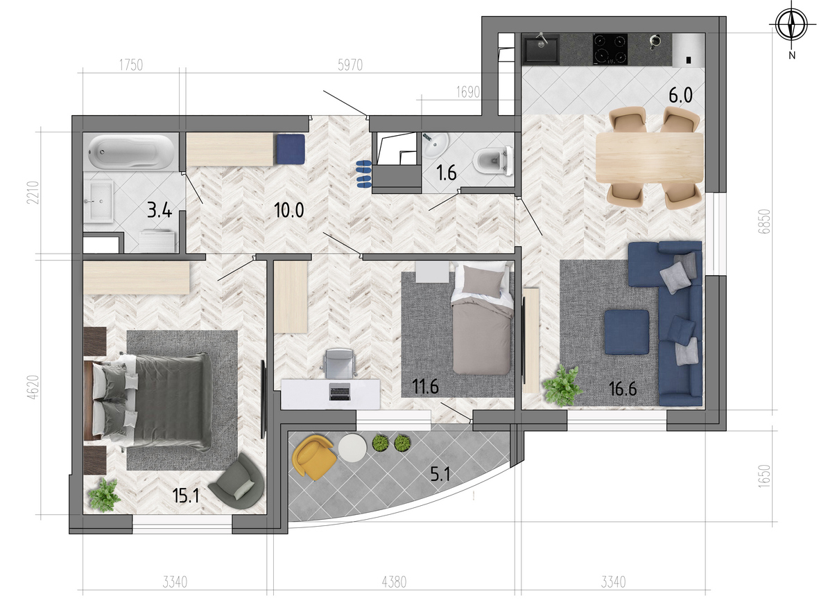 Планировка 3-комнатная квартиры 66,3 м², ЖК «Боровое»