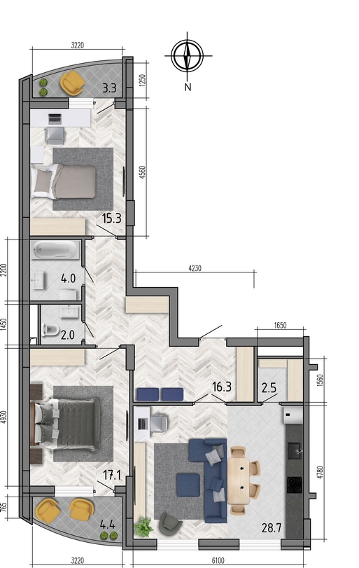 Планировка 3-комнатная квартиры 89,8 м², ЖК «Боровое»