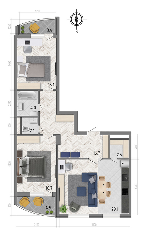 Планировка 3-комнатная квартиры 90,2 м², ЖК «Боровое»