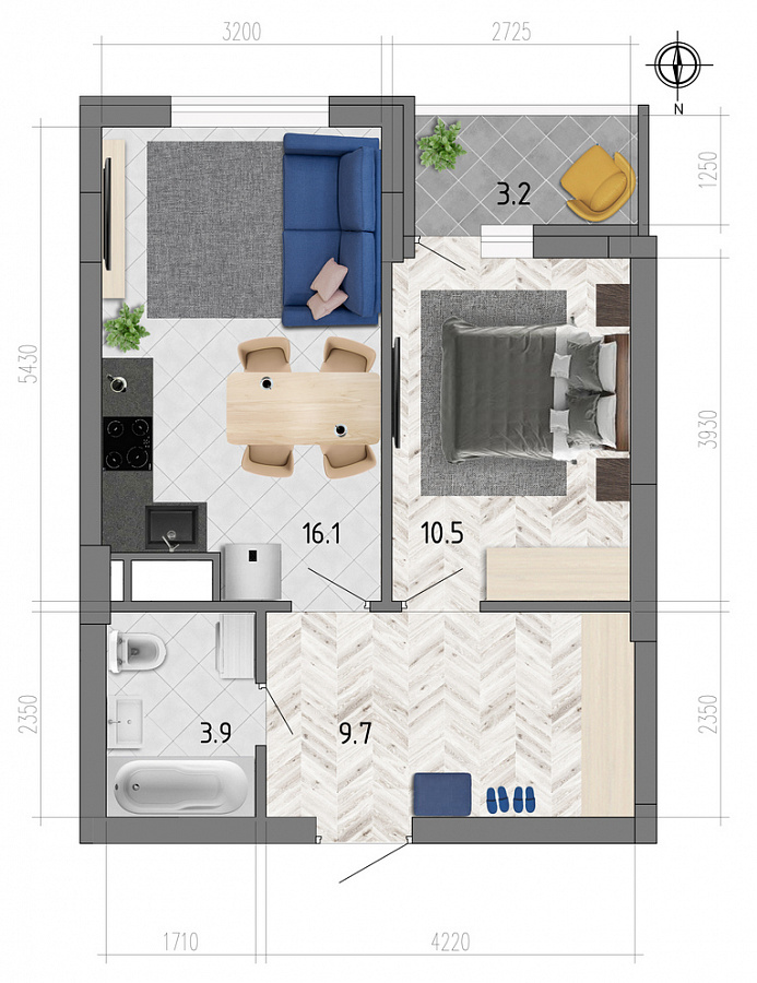 Планировка 1-комнатная квартиры 41,7 м², ЖК «Боровое»