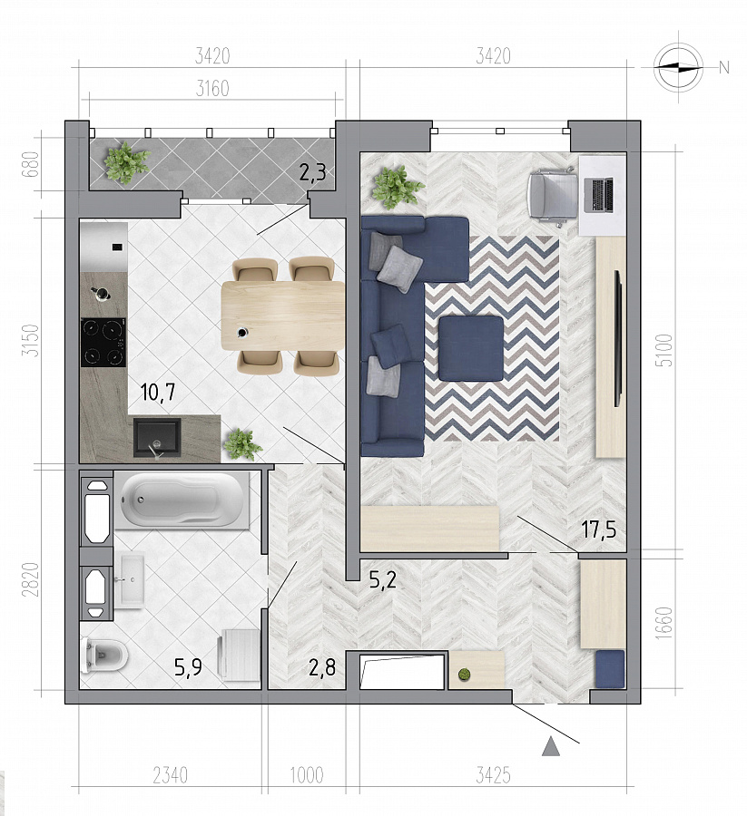 Планировка 1-комнатная квартиры 43,3 м², ЖК «Боровое»