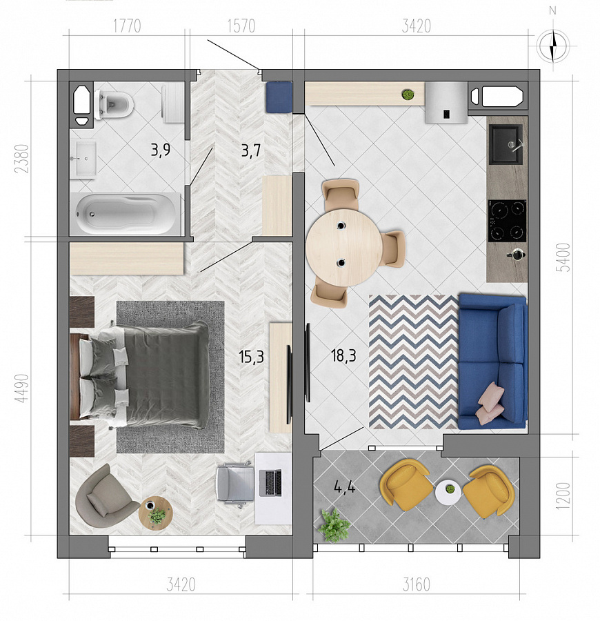 Планировка 1-комнатная квартиры 43,2 м², ЖК «Боровое»