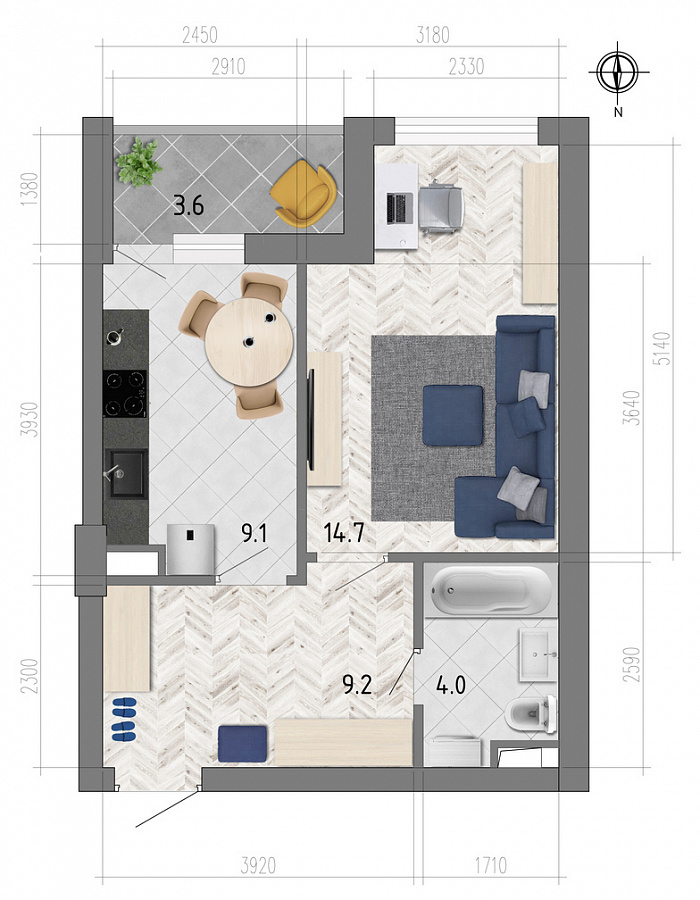 Планировка 1-комнатная квартиры 38,3 м², ЖК «Боровое»