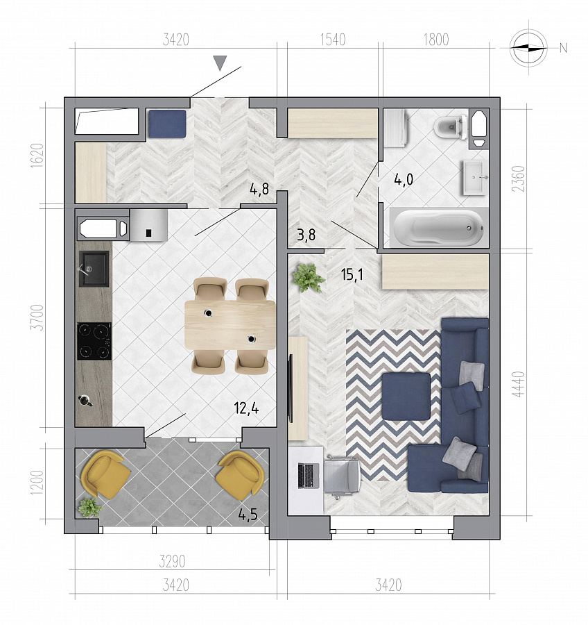 Планировка 1-комнатная квартиры 42,4 м², ЖК «Боровое»