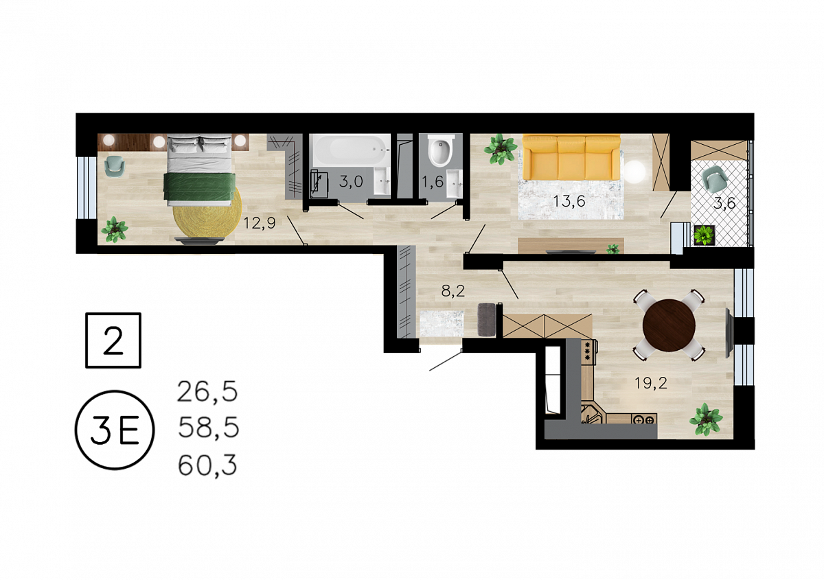 Планировка 2-комнатная квартиры 60,3 м², ЖК «Лето»