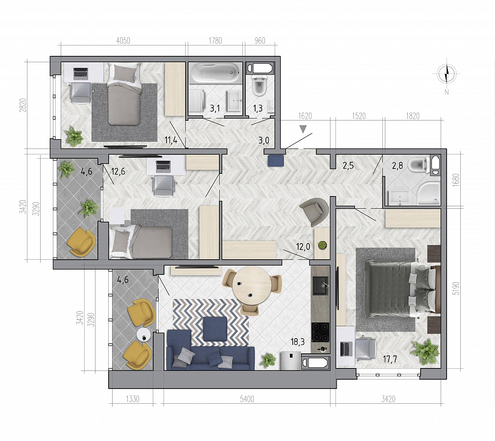 Планировка 3-комнатная квартиры 88,9 м², ЖК «Боровое»