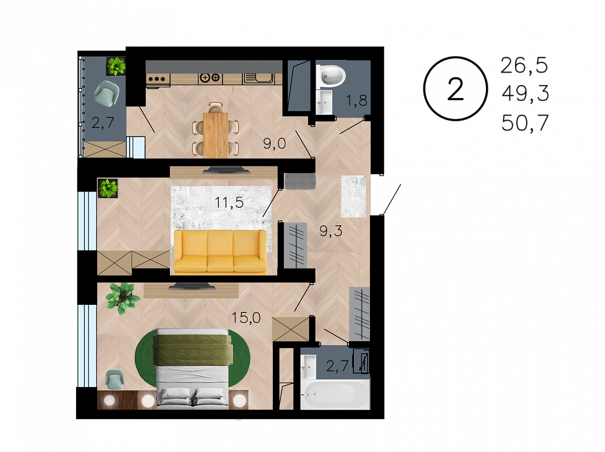 Планировка 2-комнатная квартиры 50,7 м², ЖК «Лето»