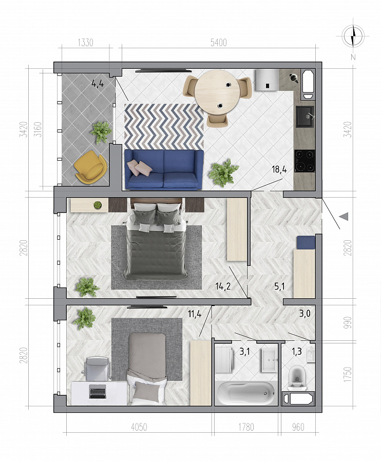 Планировка 2-комнатная квартиры 58,3 м², ЖК «Боровое»