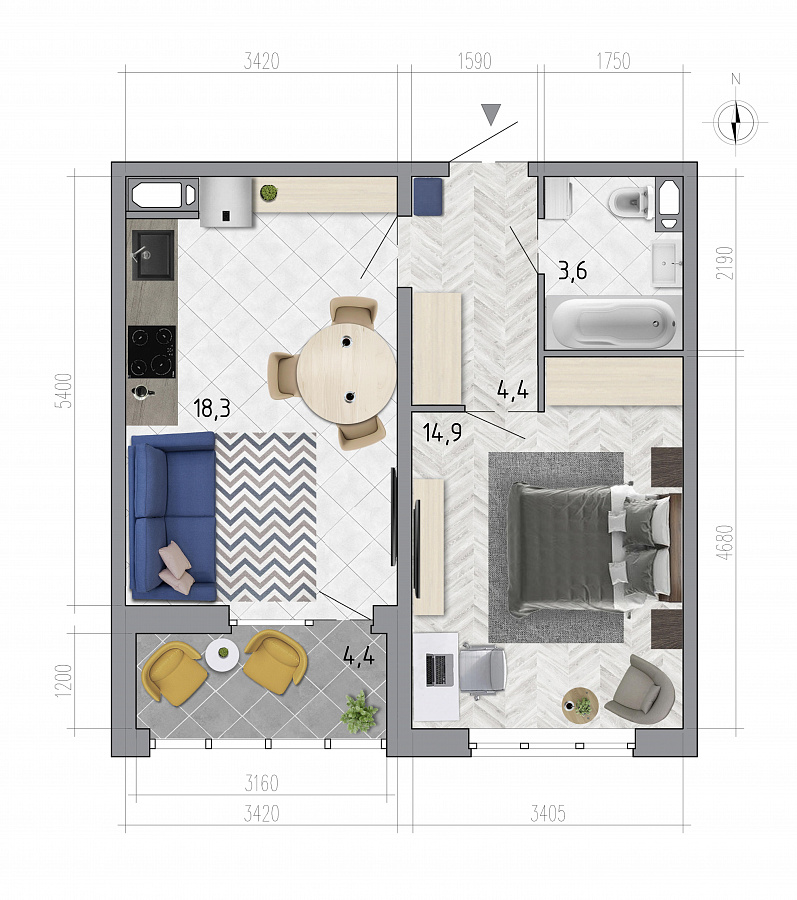 Планировка 1-комнатная квартиры 43,3 м², ЖК «Боровое»