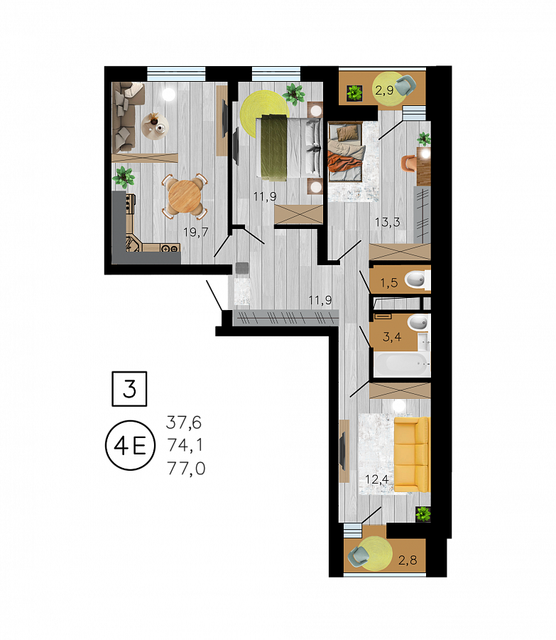 Планировка 3-комнатная квартиры 77 м², ЖК «Лето»