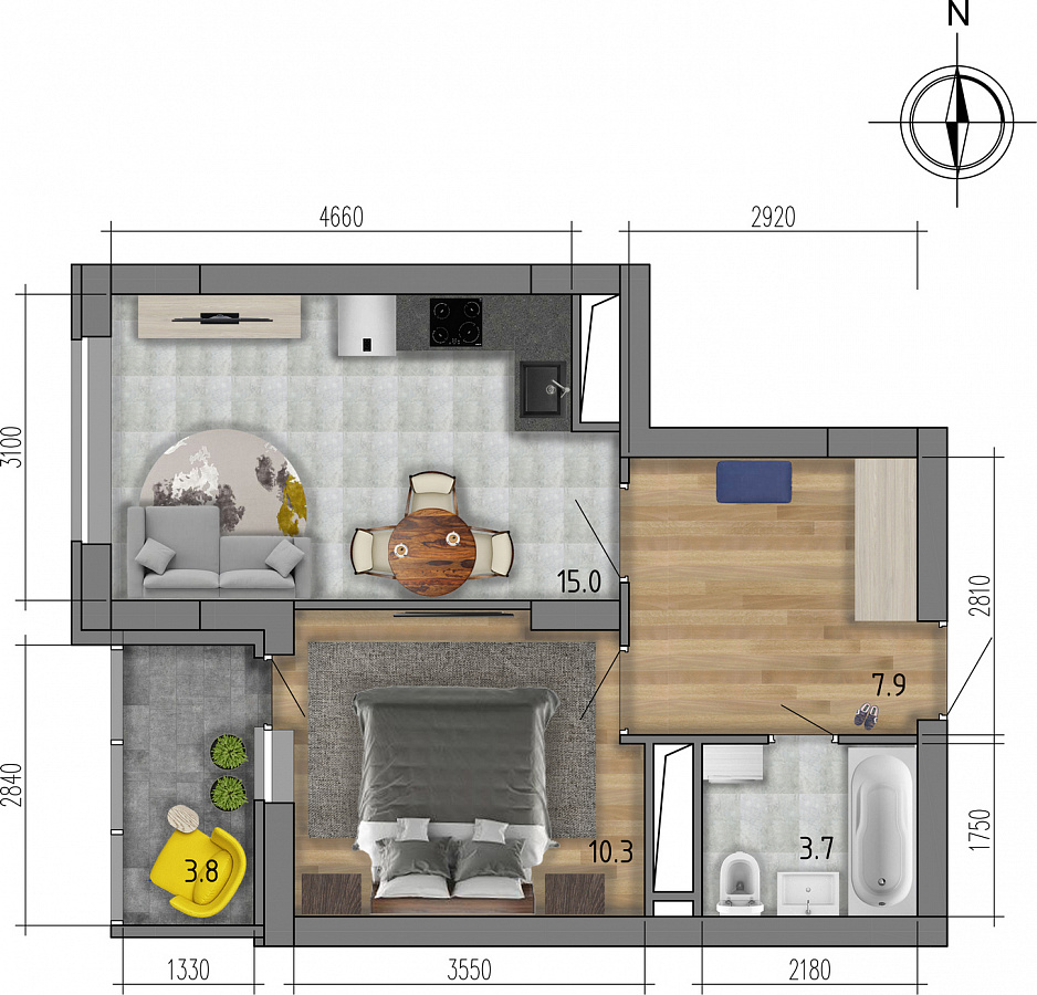 Планировка 1-комнатная квартиры 38,8 м², ЖК «Боровое»