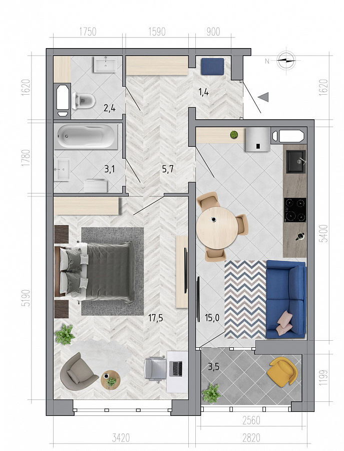 Планировка 1-комнатная квартиры 46,9 м², ЖК «Боровое»