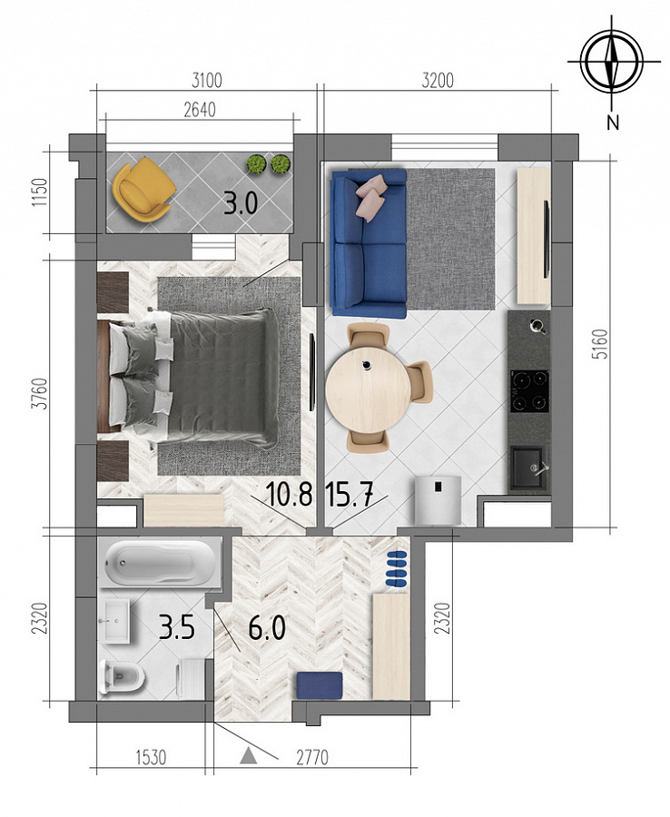 Планировка 1-комнатная квартиры 37,5 м², ЖК «Боровое»