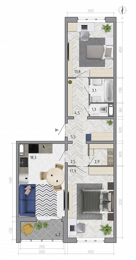 Планировка 2-комнатная квартиры 71,9 м², ЖК «Боровое»