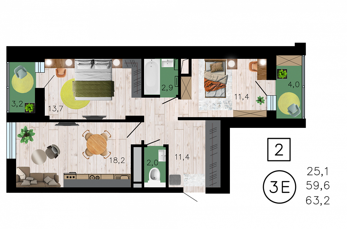 Планировка 2-комнатная квартиры 63,2 м², ЖК «Лето»