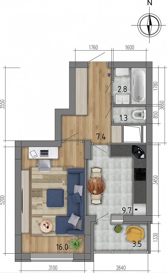 Планировка 1-комнатная квартиры 39 м², ЖК «Боровое»