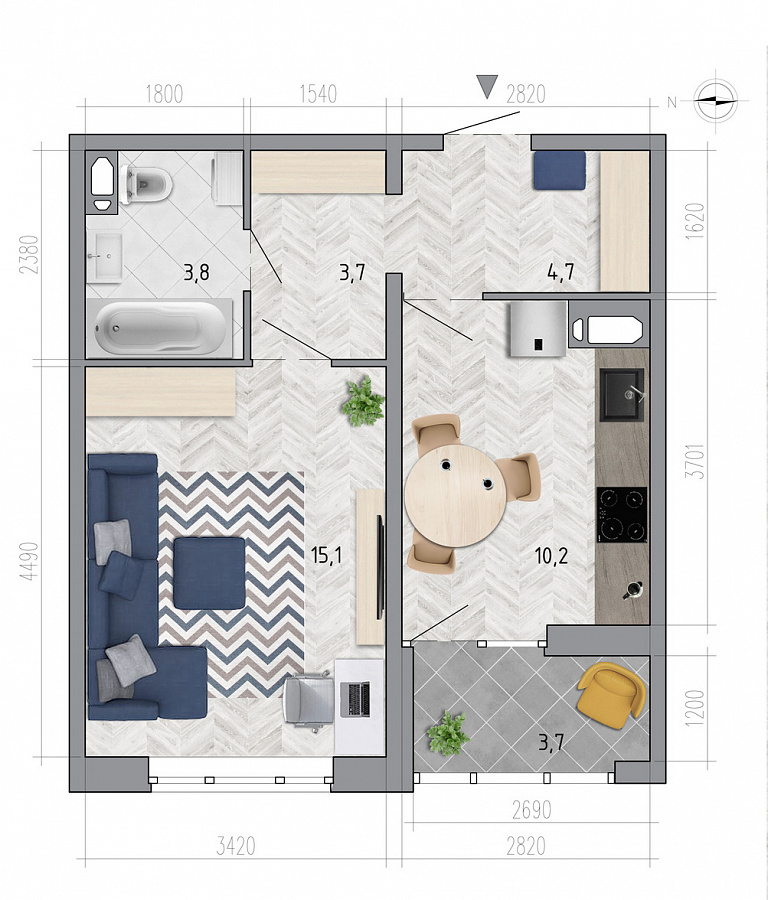 Планировка 1-комнатная квартиры 39,4 м², ЖК «Боровое»