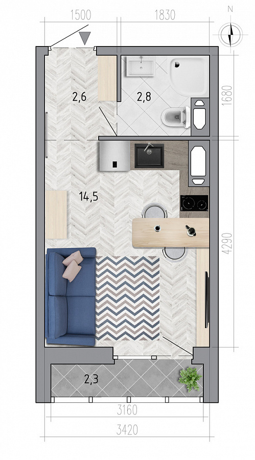 Планировка студия квартиры 21,1 м², ЖК «Боровое»
