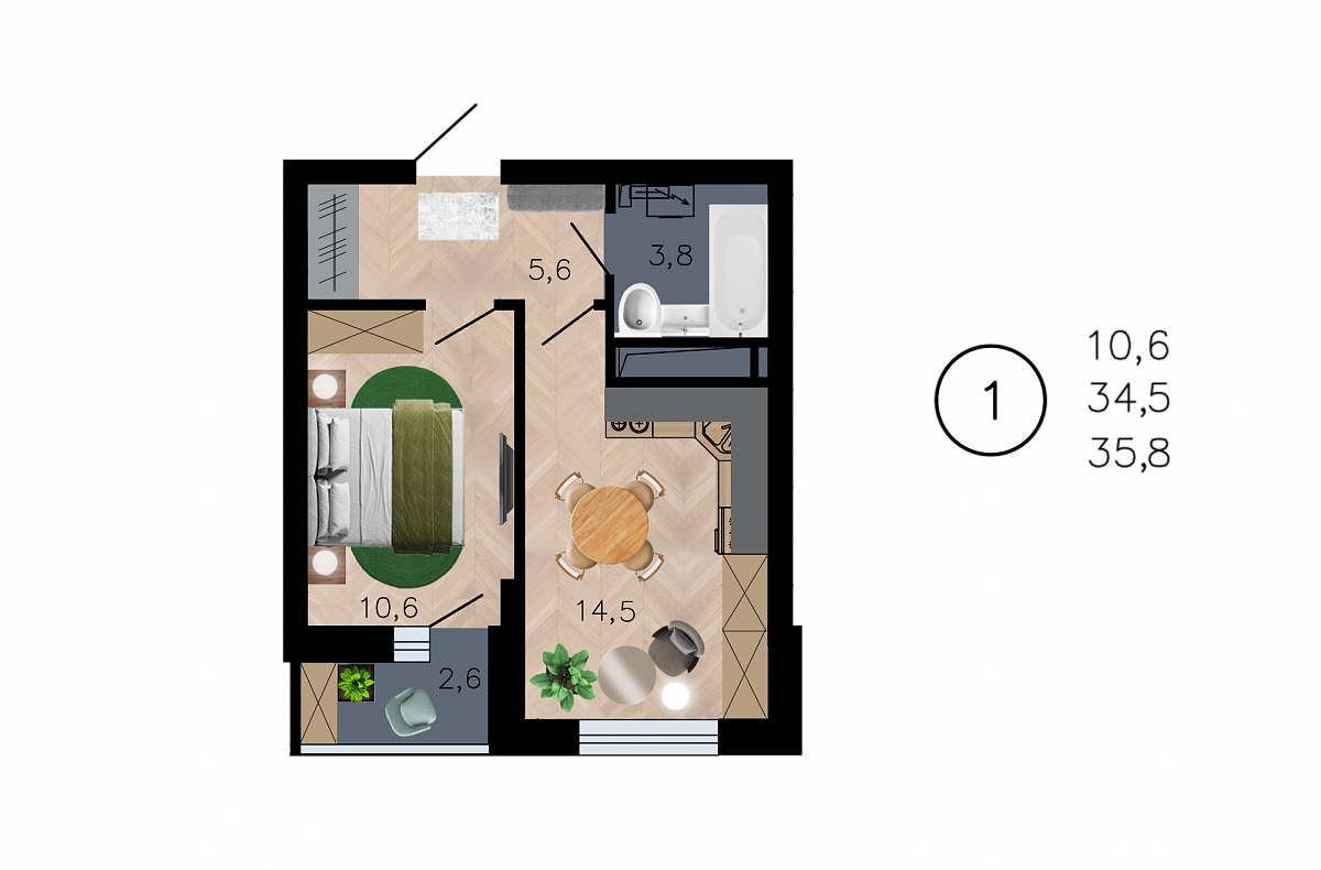 Планировка 1-комнатная квартиры 35,8 м², ЖК «Лето»