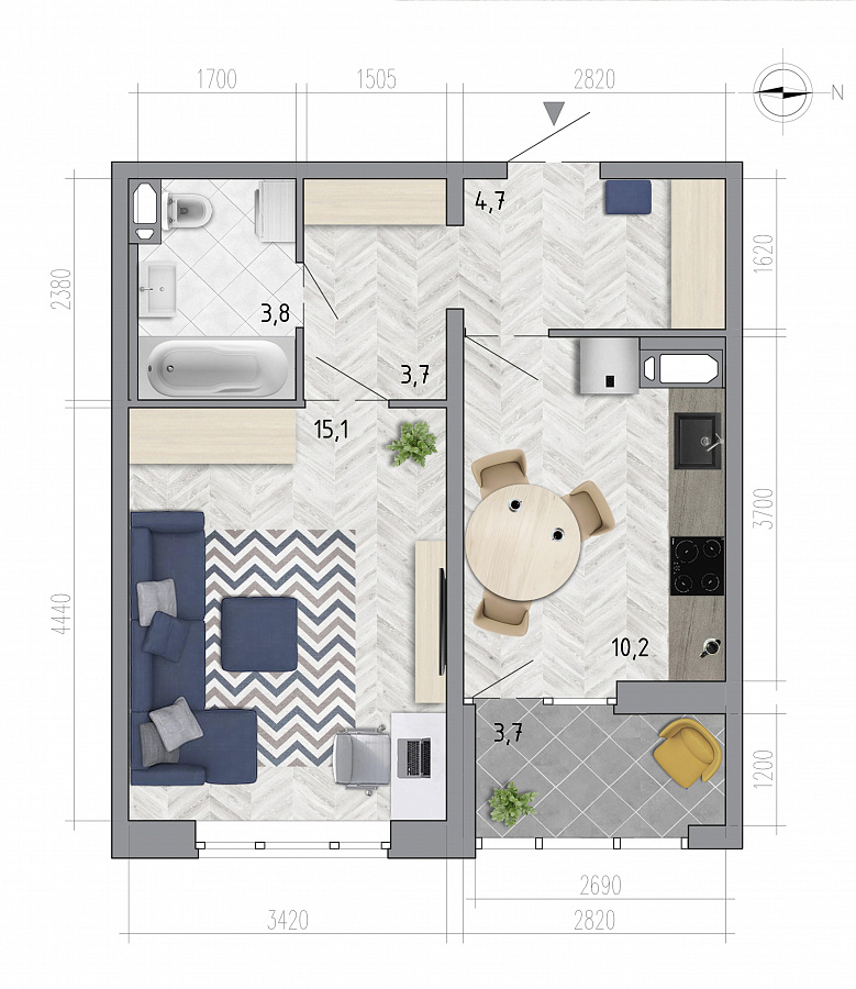 Планировка 1-комнатная квартиры 39,4 м², ЖК «Боровое»