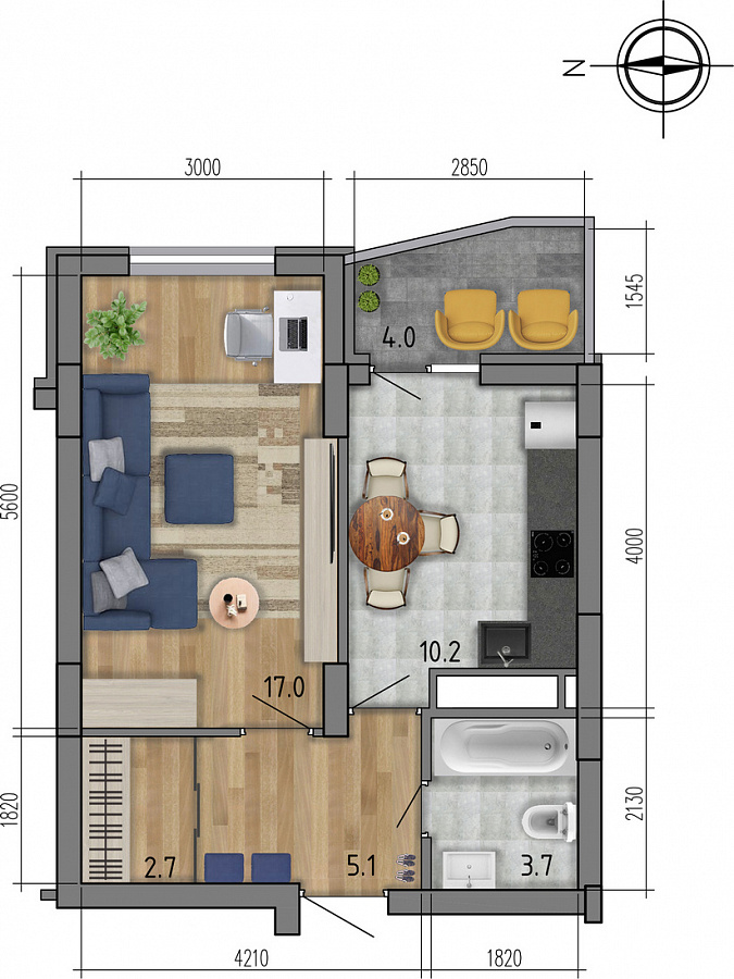 Планировка 1-комнатная квартиры 40,9 м², ЖК «Боровое»