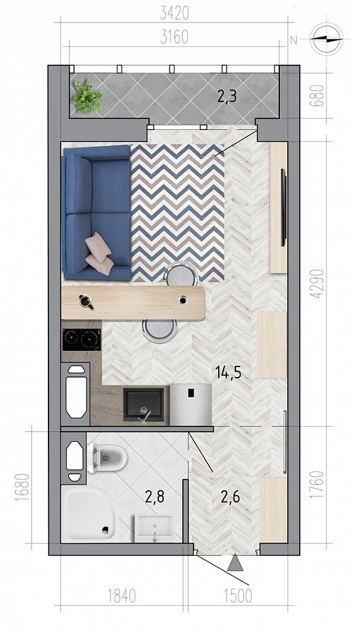 Планировка студия квартиры 21,1 м², ЖК «Боровое»