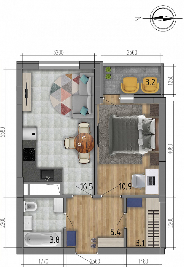 Планировка 1-комнатная квартиры 41,3 м², ЖК «Боровое»