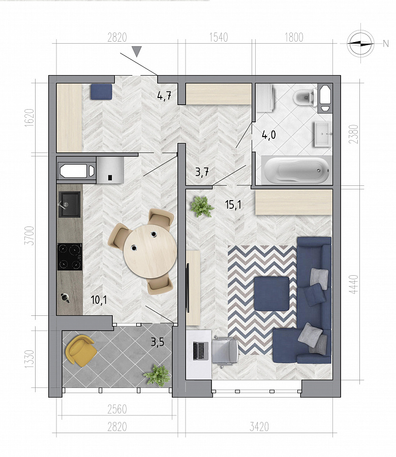 Планировка 1-комнатная квартиры 39,4 м², ЖК «Боровое»