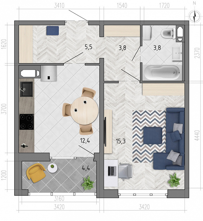 Планировка 1-комнатная квартиры 42,9 м², ЖК «Боровое»