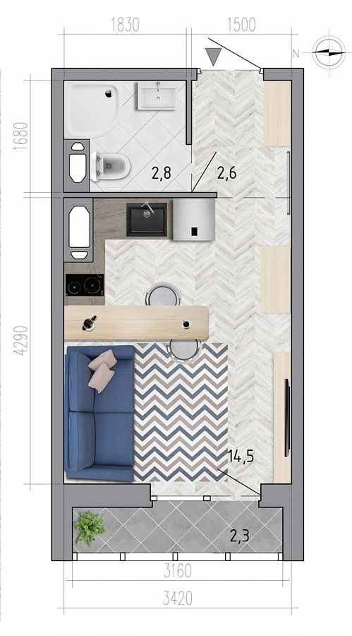 Планировка студия квартиры 21,1 м², ЖК «Боровое»