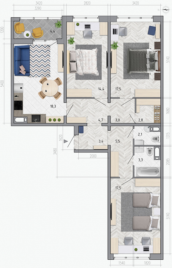 Планировка 3-комнатная квартиры 94,7 м², ЖК «Боровое»