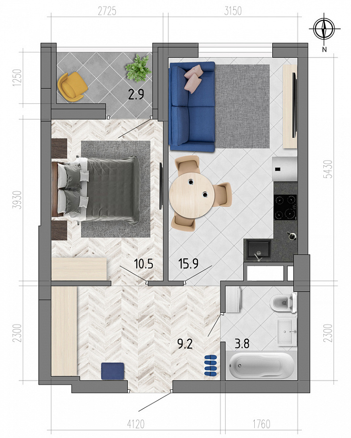 Планировка 1-комнатная квартиры 41,2 м², ЖК «Боровое»