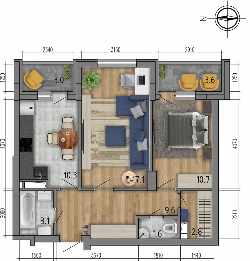 Планировка 2-комнатная квартиры 58,5 м², ЖК «Боровое»
