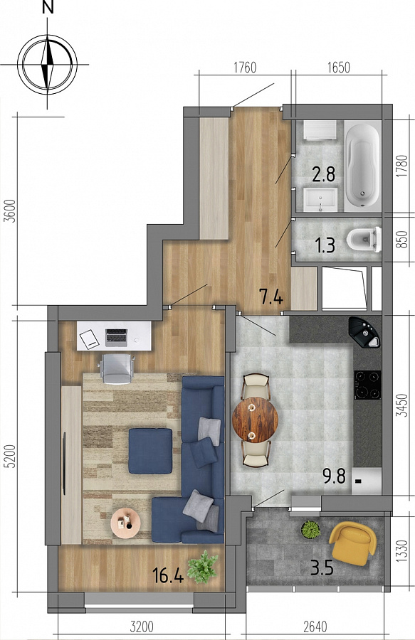 Планировка 1-комнатная квартиры 39,5 м², ЖК «Боровое»