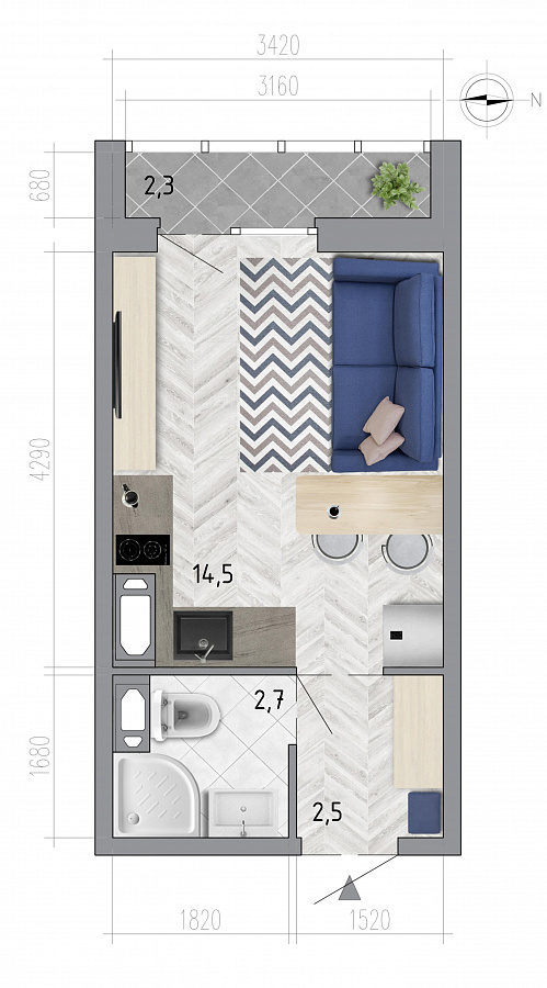 Планировка студия квартиры 20,9 м², ЖК «Боровое»