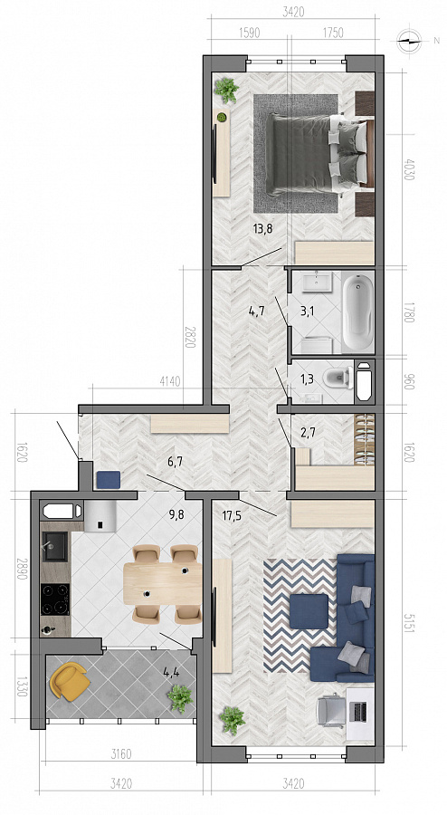 Планировка 2-комнатная квартиры 61,8 м², ЖК «Боровое»