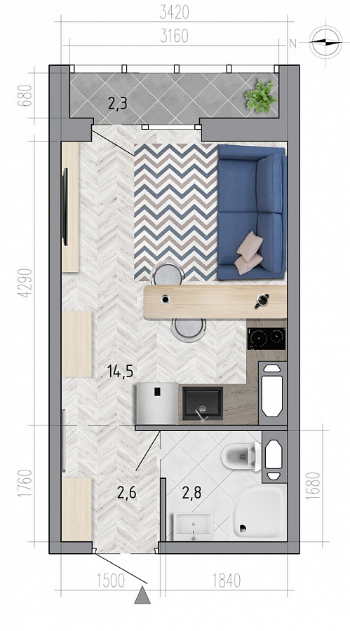 Планировка студия квартиры 21,1 м², ЖК «Боровое»